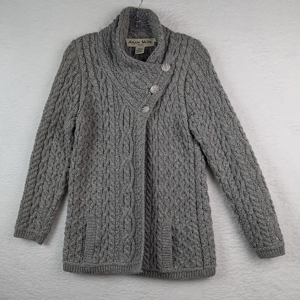 Aran Mor Ireland Cable Knit Crossover Cardigan Sweater‎ Merino Wool Womens Small